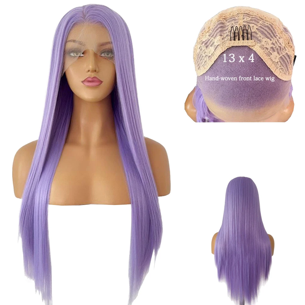 

18-26 Inch Purple Straight Hair 13x4 Front Lace Synthetic Hair Is Suitable For Ladies Halloween Cosplay High-End Hand-Woven Wigs