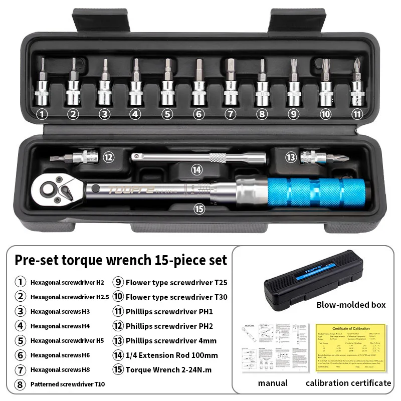 TOOPRE Bike Preset Torque Wrench 15 Piece Set Durable Bicycle Repair Tools  Bike Allen Key Tool Socket Spanner Pro Repair Kit