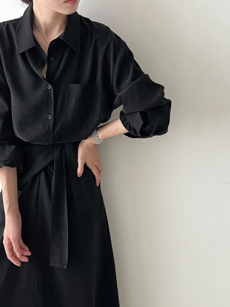 WHTREND vestido camisero de estilo coreano para mujer otoño nuevas mangas largas cintura fruncida Irregular elegante vestidos largos Oficina señora WH1469