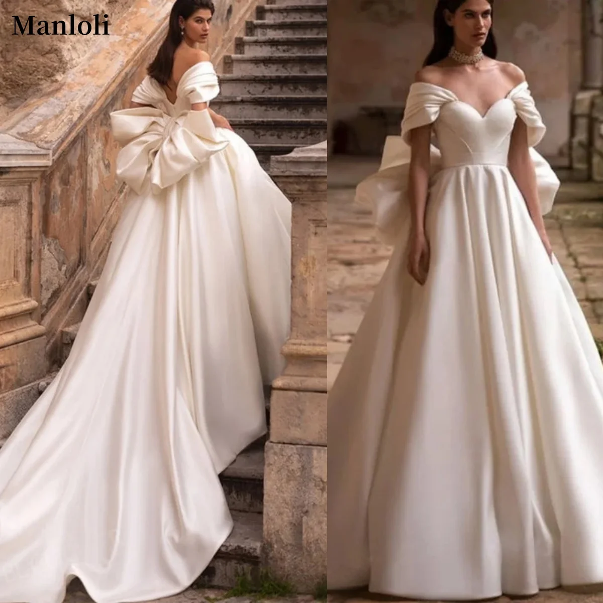 Abito da sposa di lusso personalizzato con fiocco a farfalla sul retro e spalle scoperte Abito da sposa con scollo a cuore e abito da ballo da sposa a trapezio