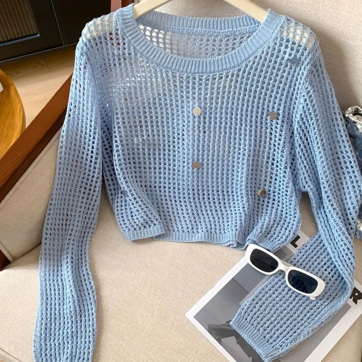 

Women's Knitted ort Sve Long Sve Top Hollow out Sequin Cover up Spring Autumn New Arrival Versatile Sun Protection