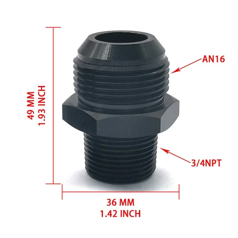 3/4" NPT do 16AN Łącznik męski AN16 Złączka prosta Adapter złącza kielichowego Aluminium Czarny