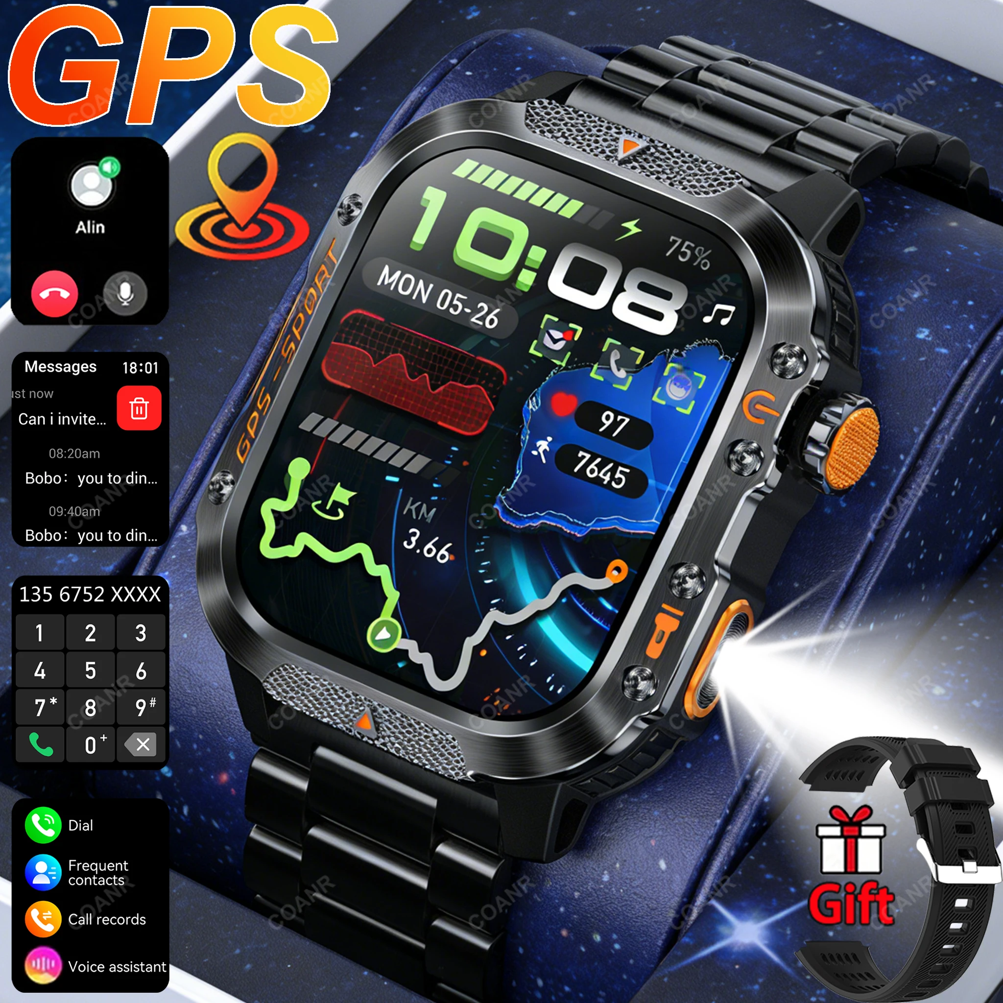 

Новые военные умные часы COANR для мужчин: GPS, отслеживание движения, фонарик, водонепроницаемость, пульсометр, HD, Bluetooth-звонки