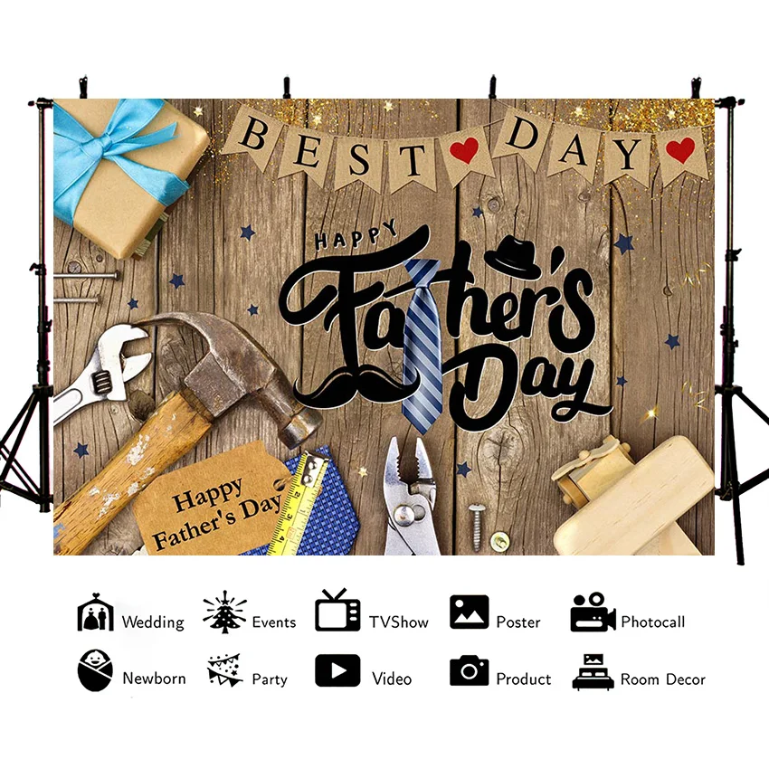 Mehofond Father’s Day Backdrop Wood Men Birthday Party Decor Photography Background Hammer Repair Tools Custom Name Photocall