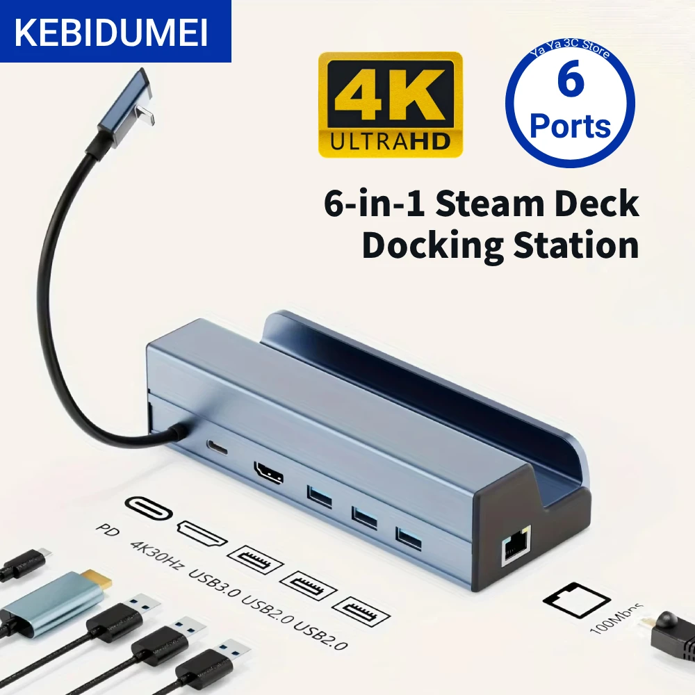 KEBIDUMEI 6-in-1 Steam Deck Dock / ROG Ally Dockingstation Ständer USB 3.0 HDTV 4K@60Hz Gigabit Ethernet PD 100W Hub