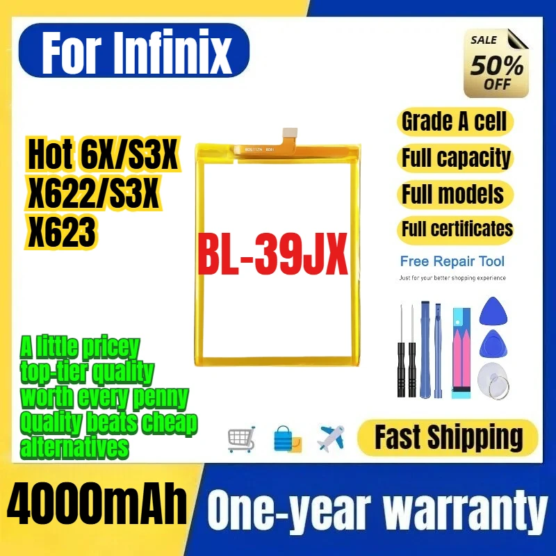 BL-39JX for Infinix Tecno Hot 6X/S3X/X622/X623 Phone Battery 0 Cycle High Capacity Replacement Bateria Grade A Cell with Tools