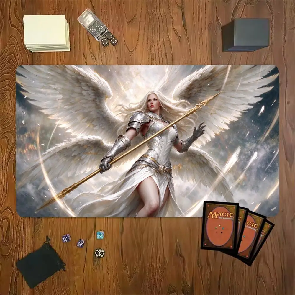 White Robe Angel Scepter TCG Playmat Magic Card Battle Mat Non-Slip Durable Stitched Edge 35X60CM Desk Mat Tapete Magic Mat