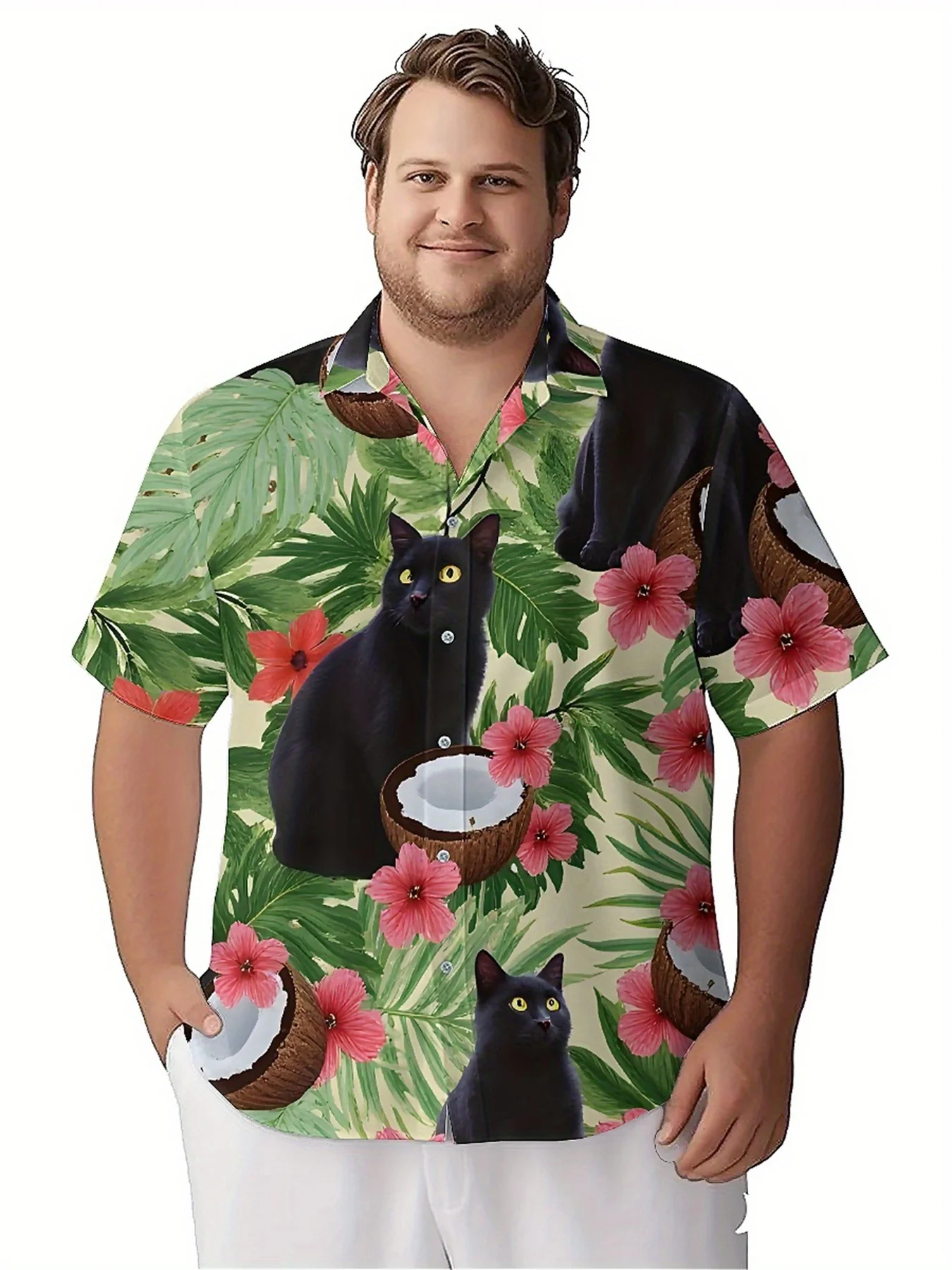 ชายเสื้อฮาวายขนาดบวก Tropical Black Cat มะพร้าวดอกไม้รูปแบบ,เสื้อแฟชั่นฤดูร้อนใหม่,Hip Hop Streetwear