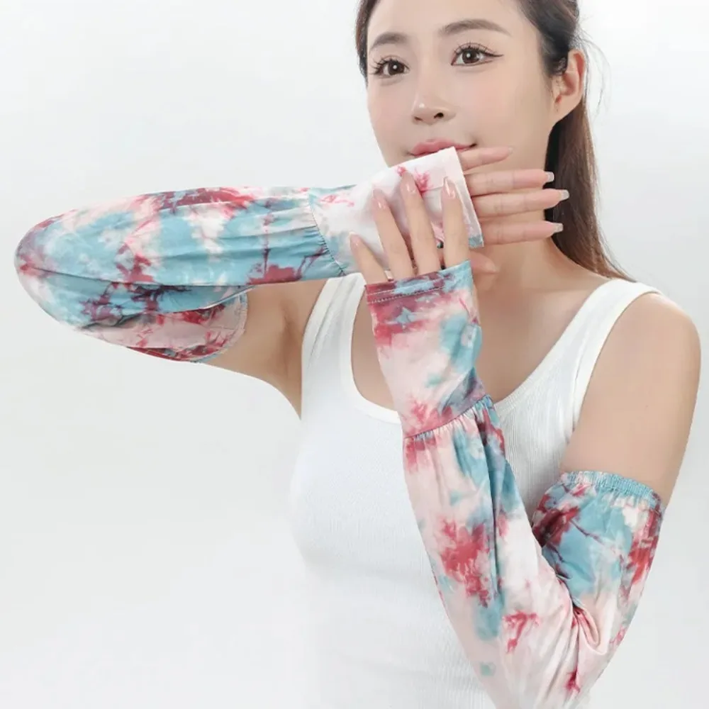 タイダイ染めロングアイスシルクスリーブ日焼け止めエスニックスタイル日焼け止めアームカバー高弾性アイススリーブサイクリンググローブ夏