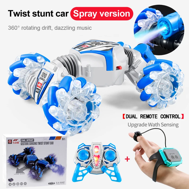 

4WD Rc Stunt Car 2.4G Radio Gesture Induction Music Light Stunt Spray Remote Control Car 1:24 Off-Road Watch Control Boy Toys