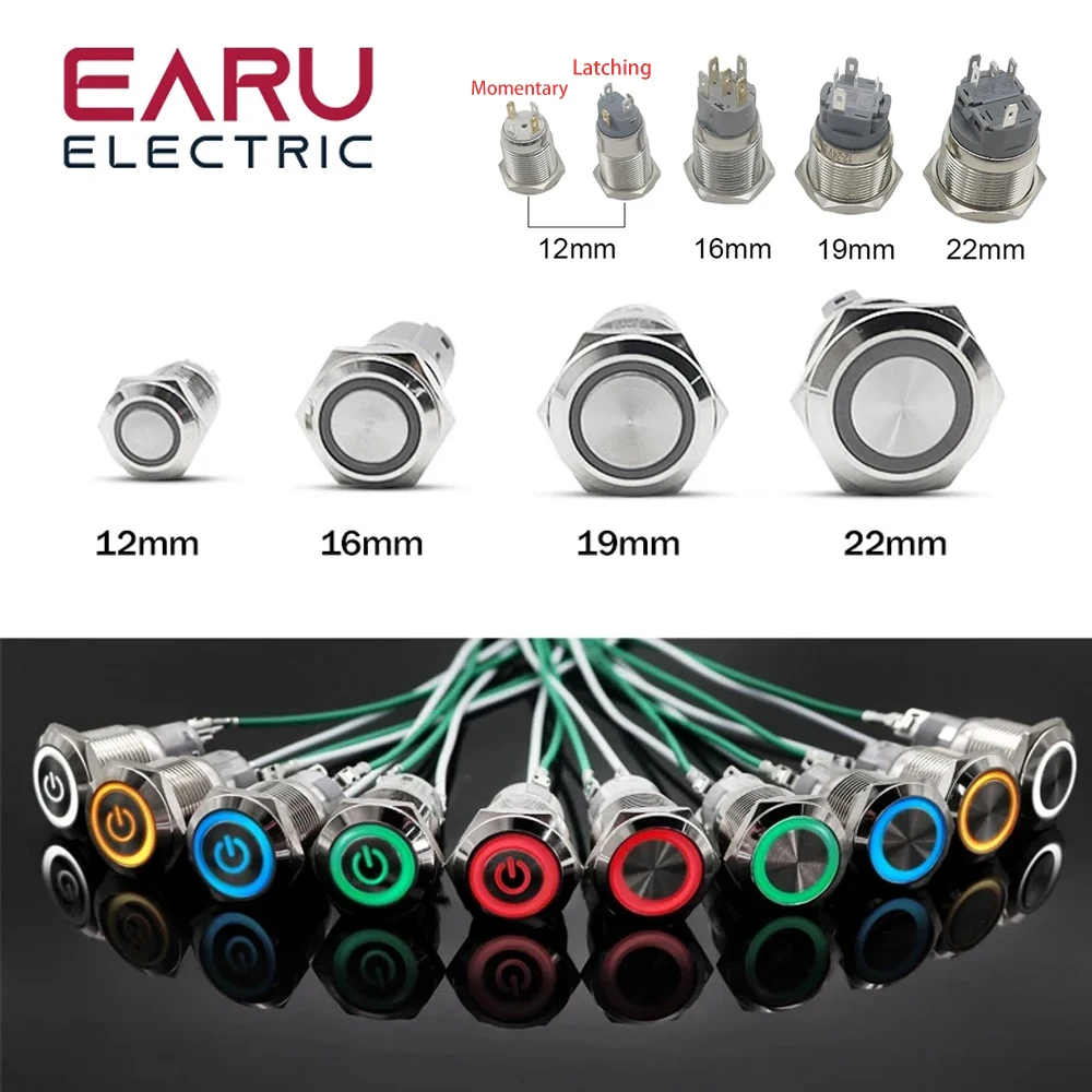 12/16/19/22mm Waterproof Metal Push Button Switch Latching Momentary LED Light Car Engine Power Switch 5V 12V 24V 220V Red Blue