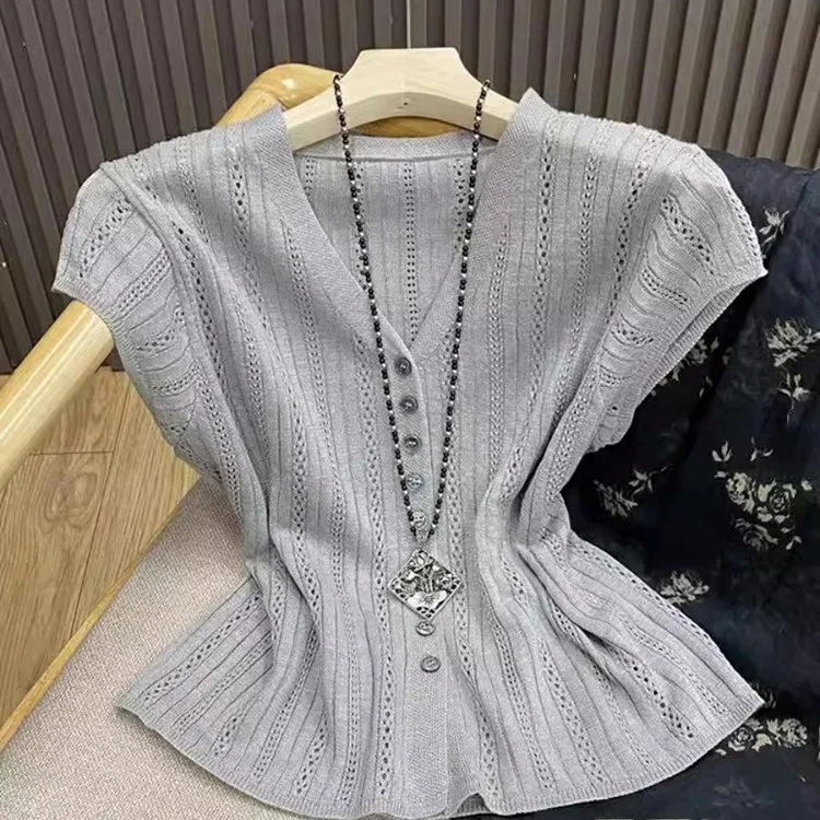 

Faionable Hollow out V-Ne ort Sve Вязаный открытый кардиган Женский летний магазин Outlet Легкий дышащий