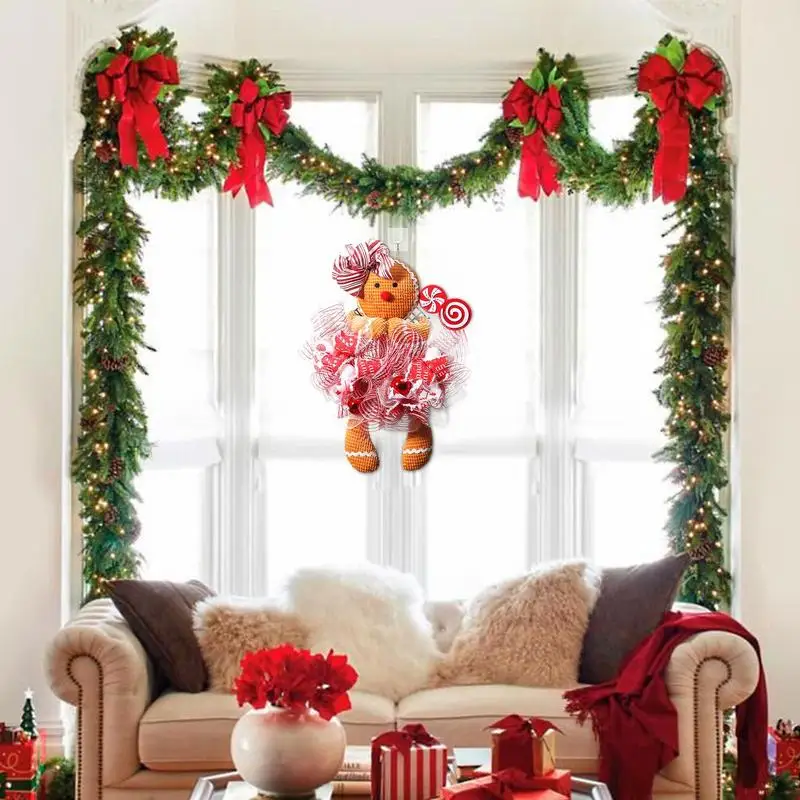 Christmas Gingerbread Man Doll Wreath Glowing Gingerbread Welcome Garlands Attractive Pink Color Decorative Door