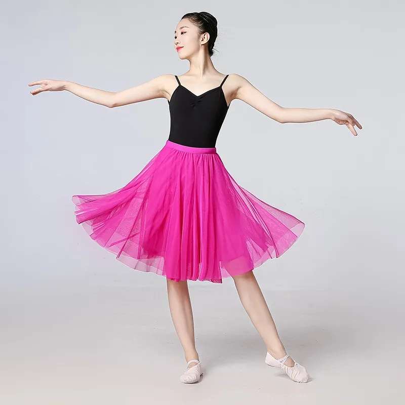 กระโปรงยาวทรงเอ สีแดง สำหรับเต้นรำ ทรงเอไลน์ ช่วยพรางหุ่น กระโปรงสีม่วงหรือสีชมพูหวาน ผ้าโพลีเอสเตอร์