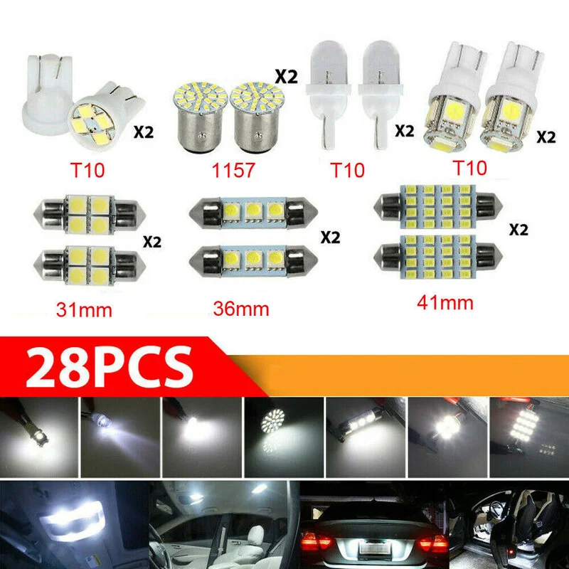 28Pcs White LED Lamp Interior Light Package Kit Car Auto Interior Map Dome License Plate Replacement White Lamp Accessories