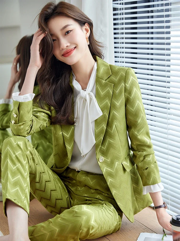 Elegant Women's Blazer Striped Work Wear Pant Suit Jacket and Trouser Female Formal 2 Piece Sets Green Khaki Black Autumn Winter
