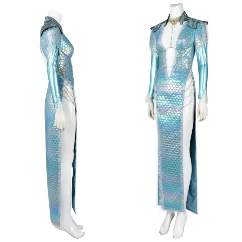 Blue Wavemother's Robe Disguise Baldur Cosplay Costume Sexy Long Fish Scale Dress Halloween Comic Con Wavemother Outfit