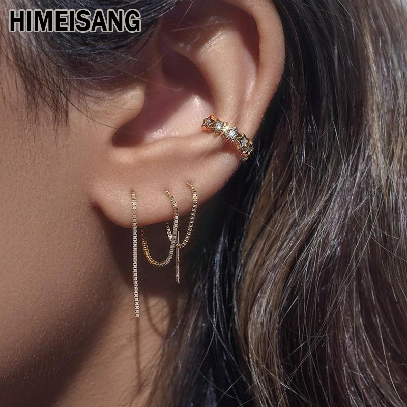 

HIMEISANG Silver Gold Filled Zircon Star EarCuff Earrings for Women Tassel Box Chain Threaders Earring Piercing Fashion Jewelry