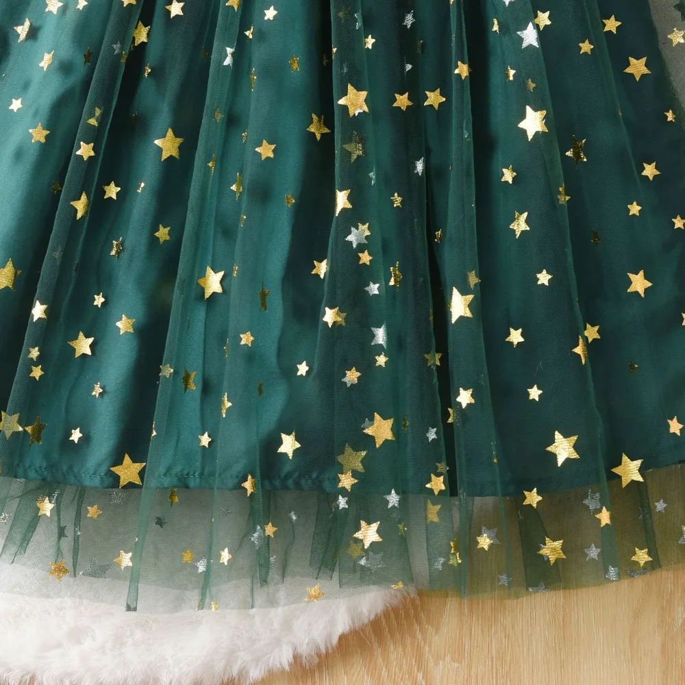 فستان شجرة عيد الميلاد اللطيف 2025 عطلة ملابس الأطفال الخريف جديد بأكمام طويلة القوس المرقعة ستار شبكة الفتيات فساتين