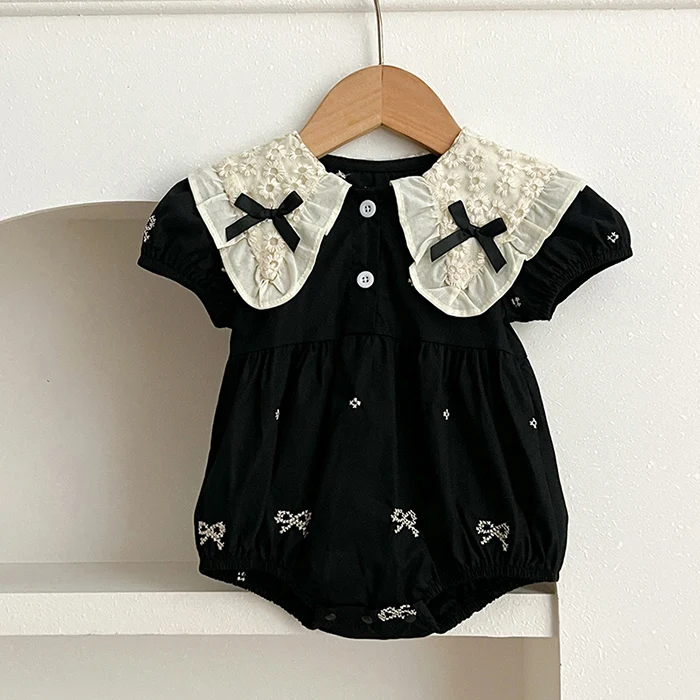 2025 neue Sommer Neugeborenen Baby Mädchen Strampler 0-24 M Baby Mädchen Kleidung Spitze Kragen Baumwolle Stickerei Bogen kleinkind Baby Mädchen Overall – Detail 2