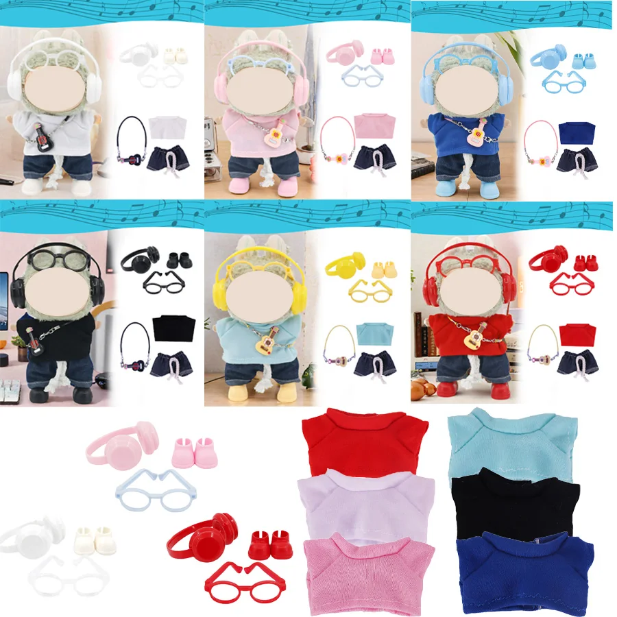 Suitable For 17cm Doll Accessories, Candy Colored Glasses, Headphones, Shoe Set, Solid Color Short Sleeved Jeans Set For Labubu