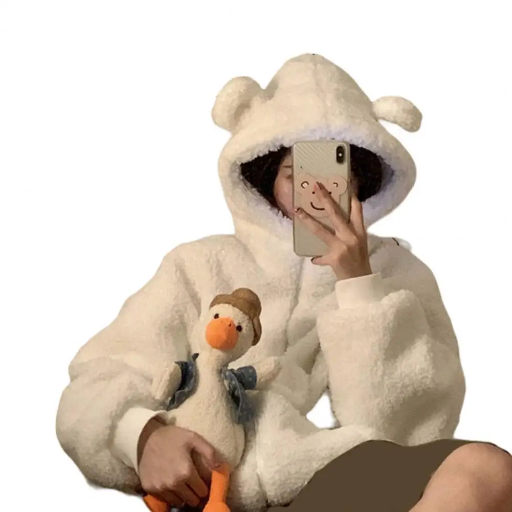 Charming Fluffy Coat Bear Ears Decor Windproof Women Winter Imitation Lambswool Warm Coat Soft Cardigan Jacket Daily Garment