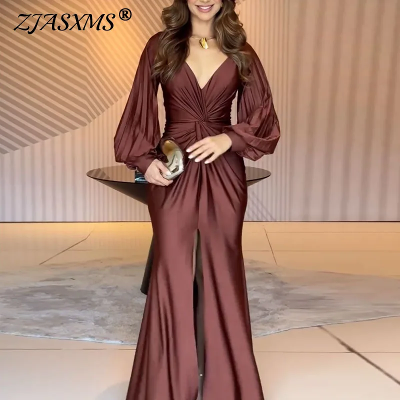 Elegantes Langarm-Kleid für Damen mit V-Ausschnitt, Plissierter Taille, Twist-Detail und Hohem Schlitz - Maxikleid für Abendveranstaltungen, Hochzeiten und als Gastkleid