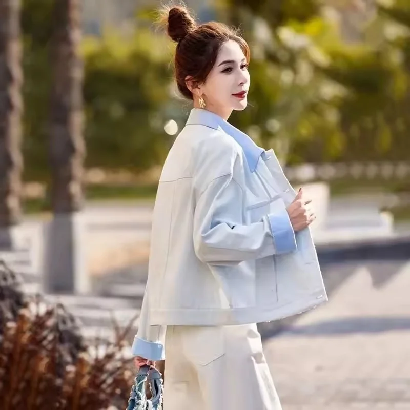 2025 المرأة التباين الدنيم سترة جديد ربيع الخريف موضة الكورية السيدات ملابس خارجية بولو طوق عادية أنثى معطف قصير القمم #6