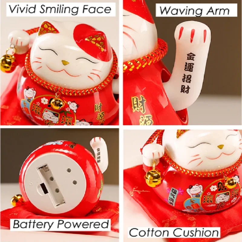 4.5 Inch Ceramic Beckoning Lucky Cat Battery Powered Fortune Cat Waving Arm Maneki Neko Gift Box Home Decoration Centerpiece