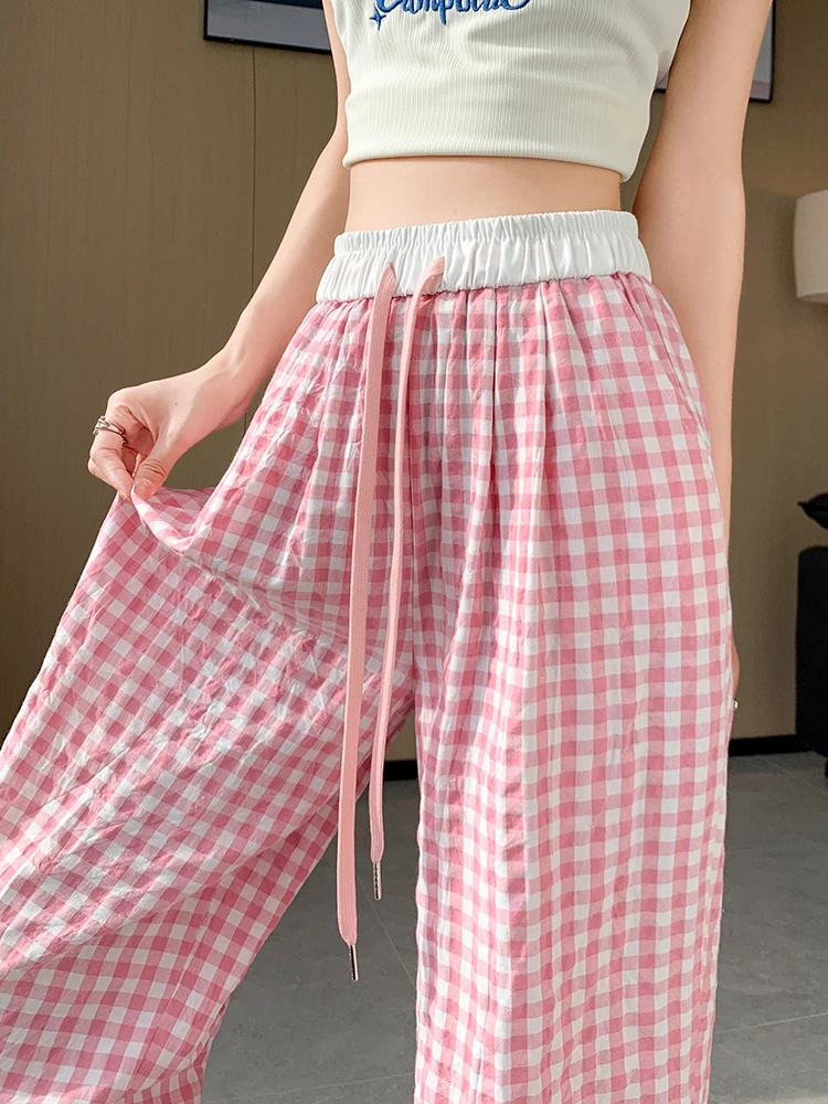 Doce e picante menina xadrez calças de perna larga feminina rosa casual coreano sle cintura alta algodão linho primavera verão