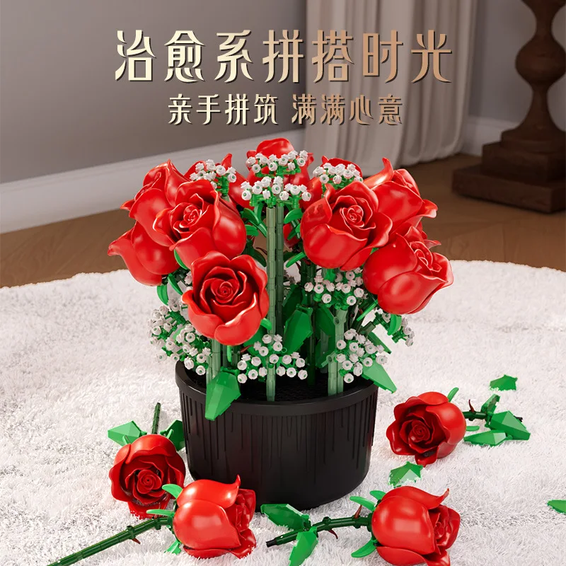 Rose Flower Building Blocks Set Potted Diy Eternal Flower Brick Home Decor Romantic Gift For Women