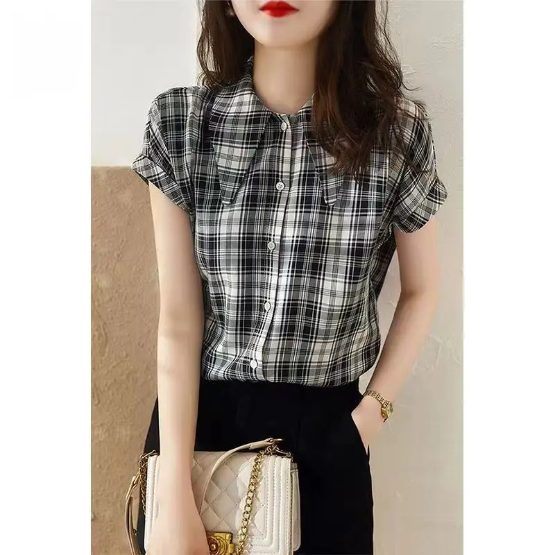 

Fashion Black And White Checkered Point Collar Short Sleeve Shirt Women Summer Loose Casual Office Chiffon Top