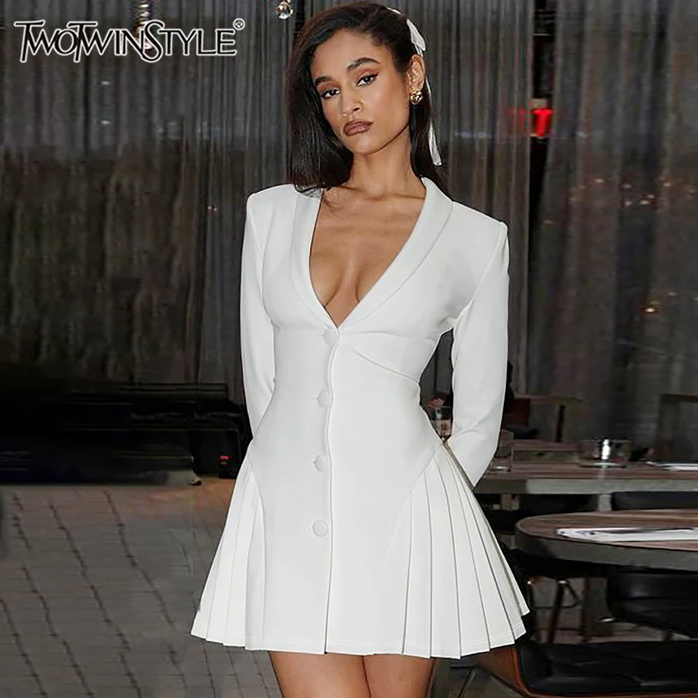 TWOTWINSTYLE Temperamen Solid Sexy Dresses For Women Lapel Long Sleeve High Waist Slimming Spliced Single Breasted Dress Female