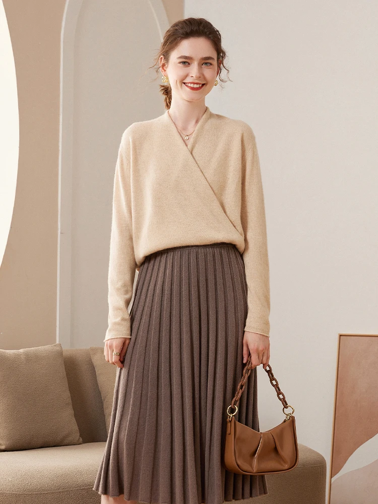 

TLOML Women's 100% Cashmere Sweater Crossover Collar Pullover Office Lady Basic Cashmere Knitwear Autumn Winter Soft Warm Tops