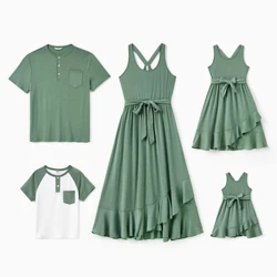 PatPat Family Matching Sets Round Neck Button Solid Color/Raglan-Sleeve Tee or Green Tank Irregular Hem Ruffle Trim Dress