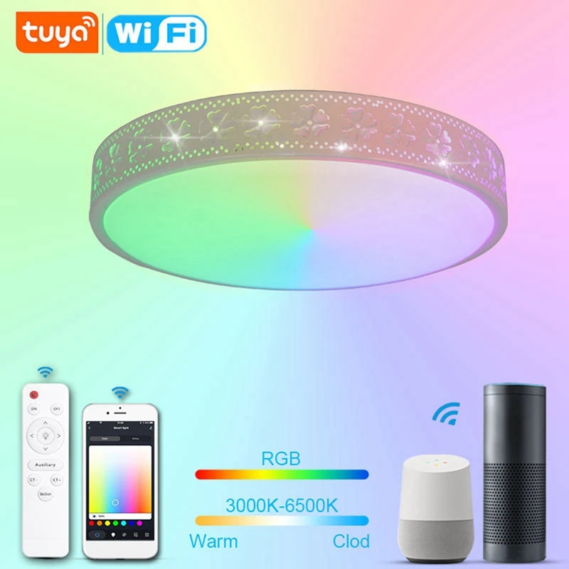 

Smart RGB LED Flush Mount Ceiling Light 36W Dimmable Color Changing Lamp Fixture With Remote Home Tuya App For Bedroom Durable