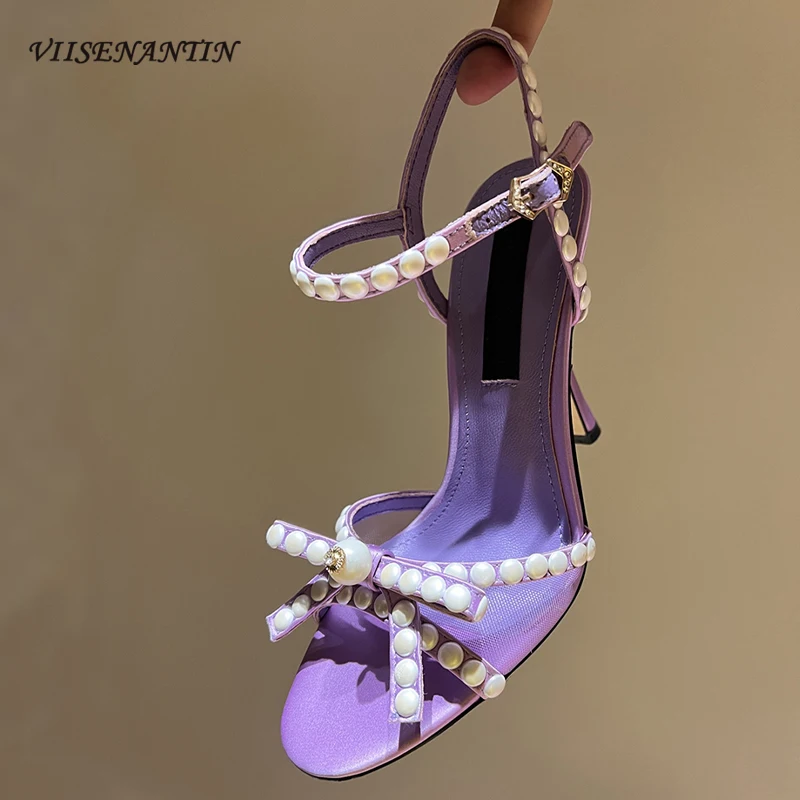 

Pearl Embellished Air Mesh High Heel Sandals Women Open Toe Butterfly Knot Crystals Decor Fashion 2024 Summer Party Shoes Women