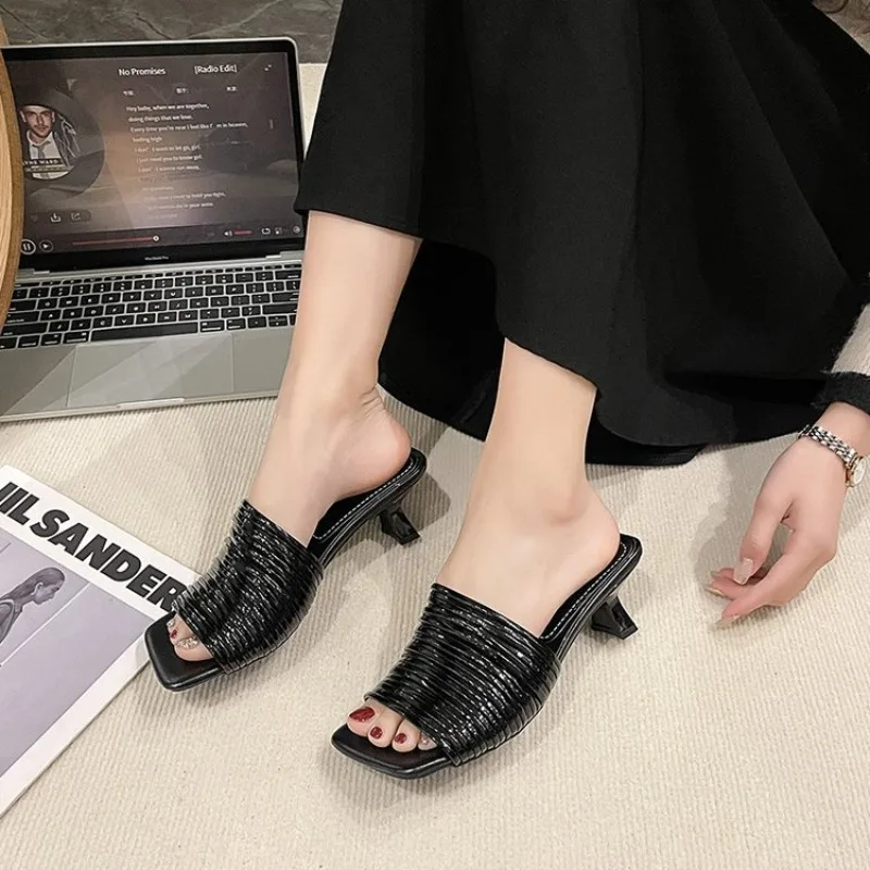 Square Toe Stiletto Sandals for Women Summer Shiny Solid Color High Heels Casual Half Slippers Shoes for Women Designer Sandals image 5
