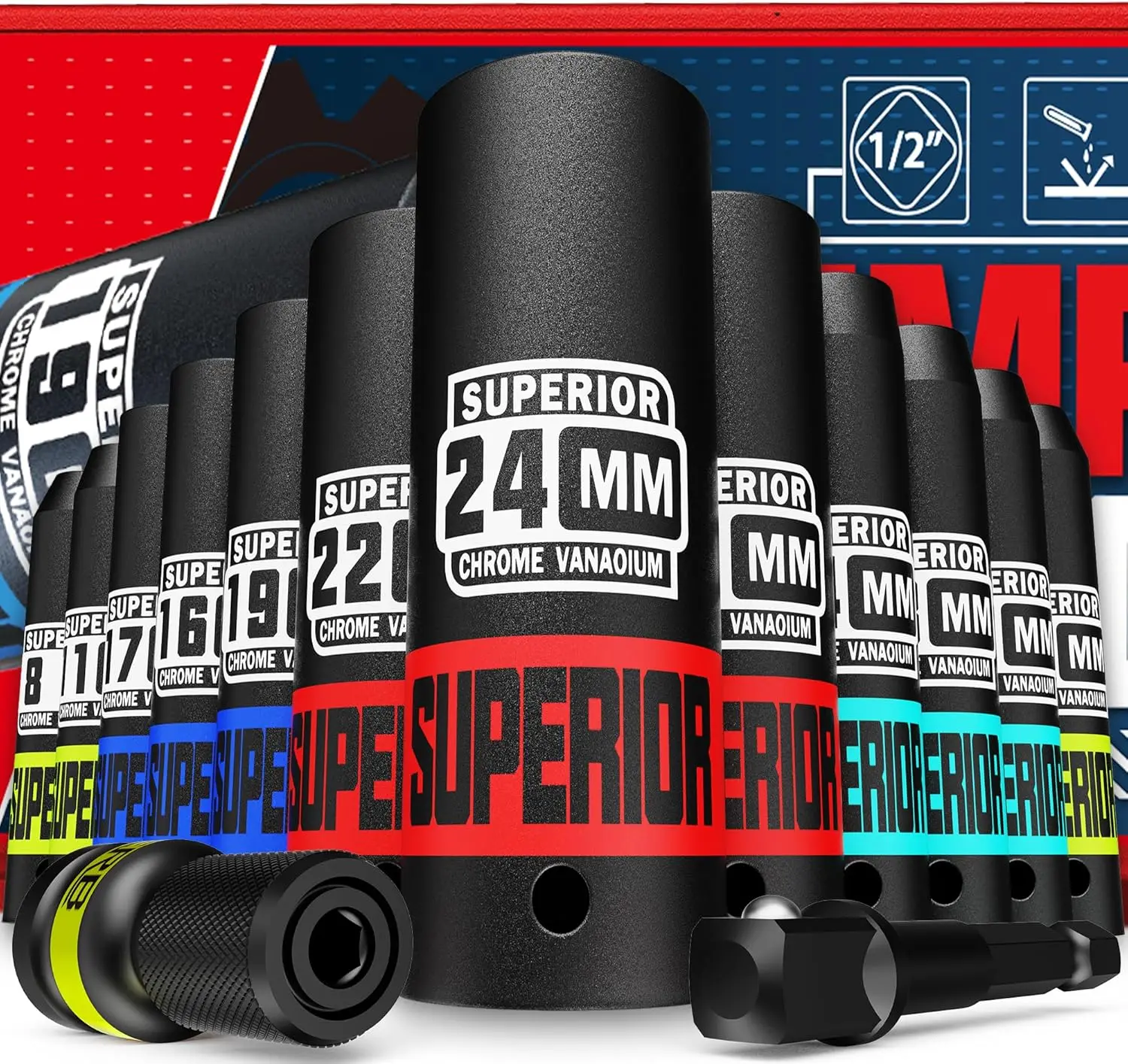 14 Piece 1/2" Drive Impact Socket Set, 8-24 mm Deep Sockets, CR-V Steel, 6-Point, Metric with Adapter & Holder for Automotive