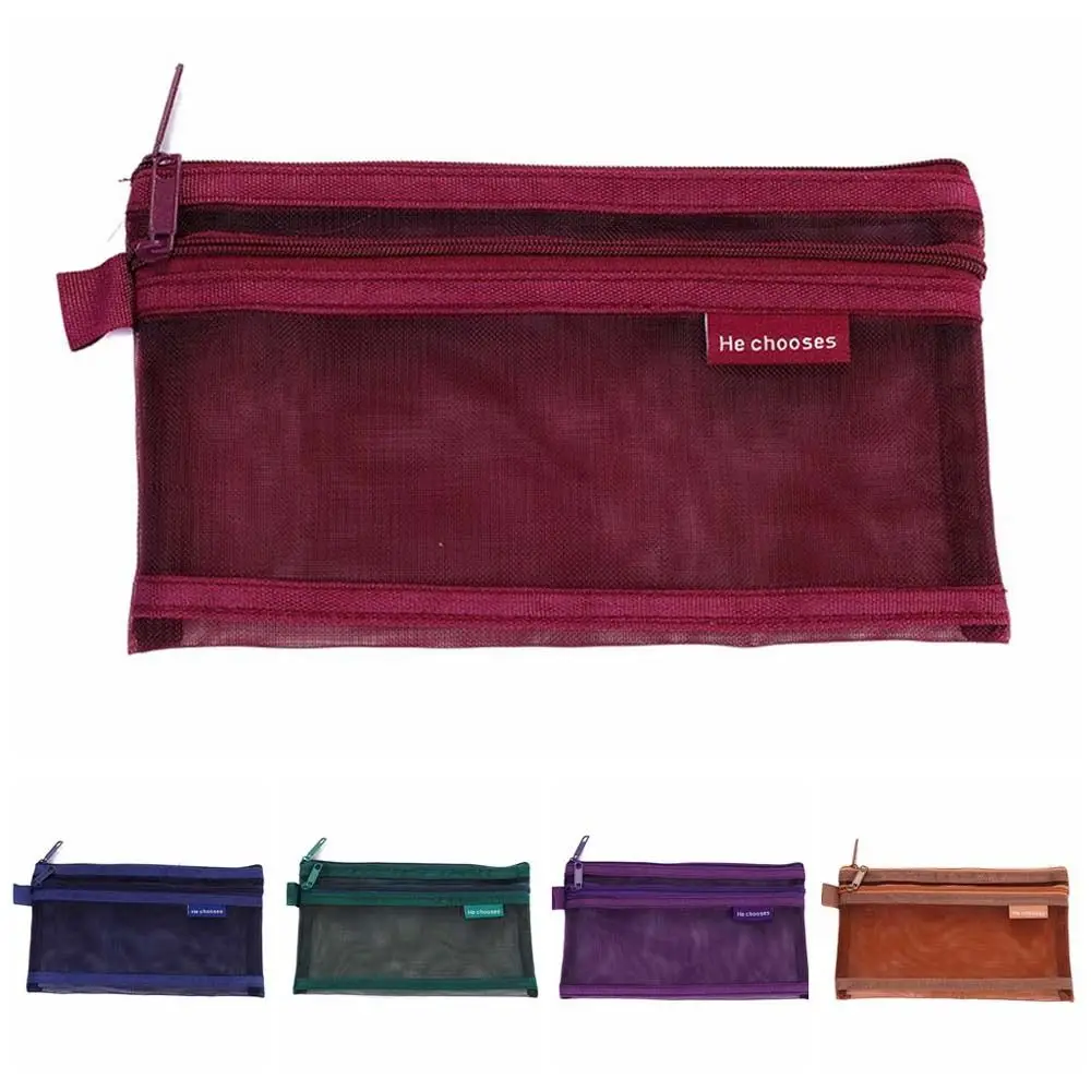 Bolsa de maquillaje de malla transparente hueca, monedero de doble capa transparente de Color sólido, bolsa de lápiz labial de cosméticos, Mini monedero de malla Simple