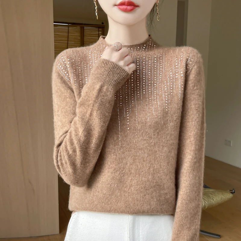 Autumn/Winter 24 New Printed Diamond Knitted Half Height Sweater Women\'s 100% Merino Wool Top Loose Warm Cashmere Sweater DMR151