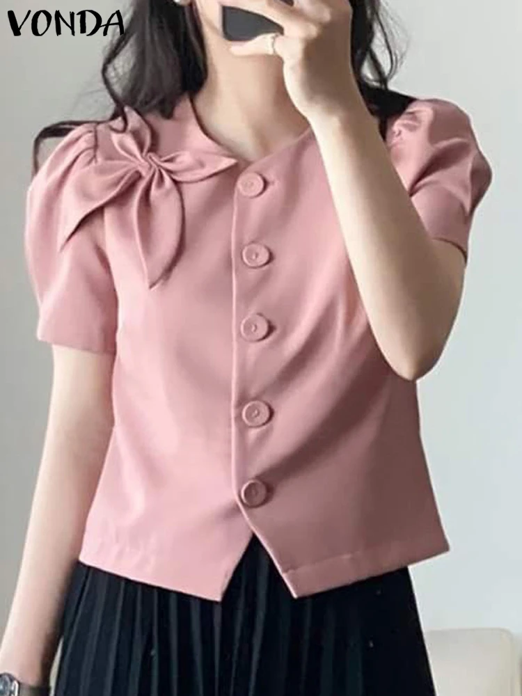 

VONDA Women Elegant Shirts 2024 Summer Tops Short Sleeve Bow Fashion Blouses Casual Solid Color Buttons Tunic Blusas Femininas