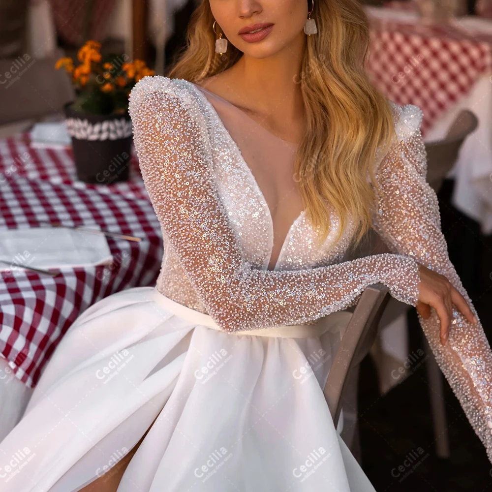 

Modern Wedding Dresses A Line Satin Bridal Gowns Beading Appliques Sexy High Slit Robes For Formal Party Vestidos De Novia 2025