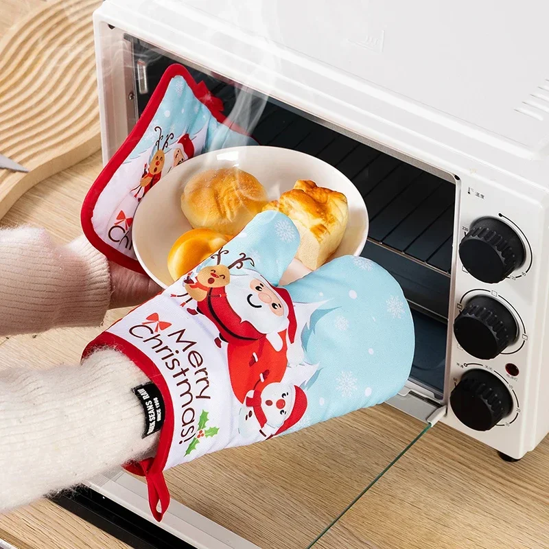 Christmas Man Oven Gloves Coaster Mat Cartoon Figures Kitchen Baking Microwave Accessories Anti-scald Insulation Winter Gifts