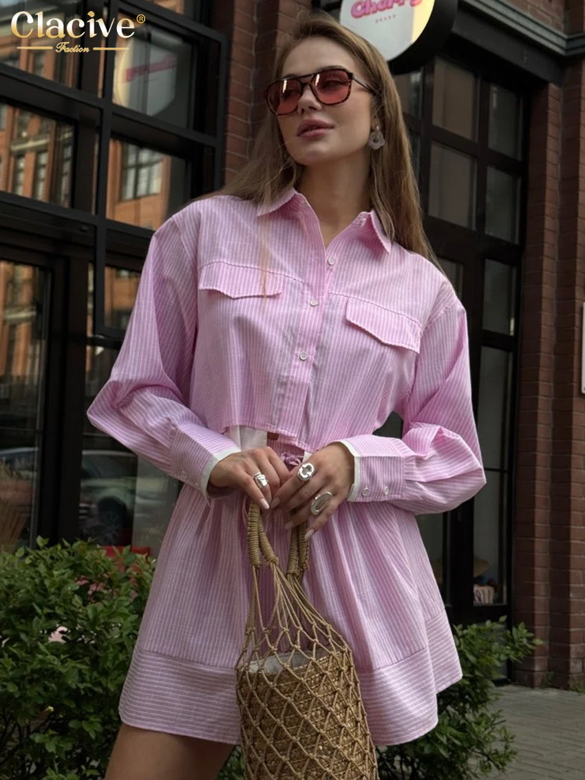

Clacive Fashion Loose Pink Stripe Two Piece Outfits Woman 2025 Elegant Long Sleeve Shirt With High Waist Mini Skirt Set Female