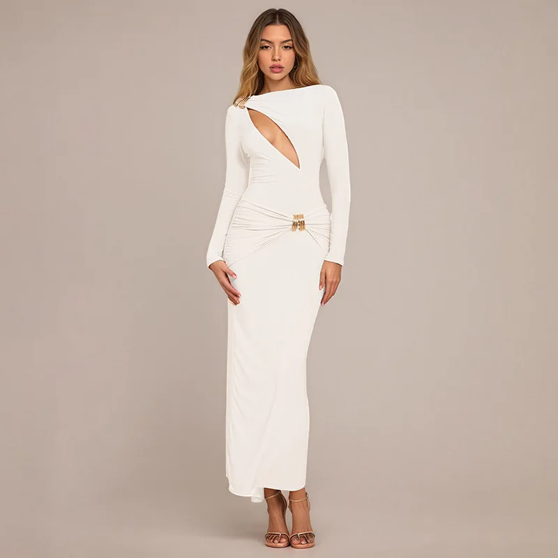 

Metal Button O-Neck Women's Evening Dress Pleated Hollow Sheath Slim Bandage Gown White Orange Party Skirt Convient Pour l'autom