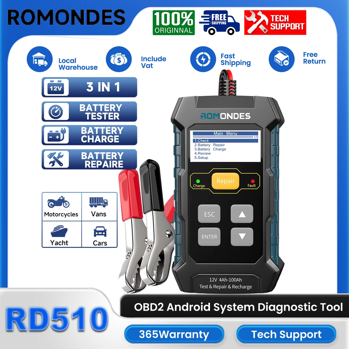 

Romondes RD510 3 в 1 автомобильное зарядное устройство для мотоцикла, сканер-регенератор 12 В, полностью автоматический импульсный тестер батареи