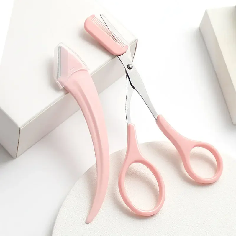 2pcs/set Eyebrow Trimming Knife with Comb Brow Trimmer Scraper Makeup Tools Eyebrow Face Shaping Razor Stainless Steel Scissors