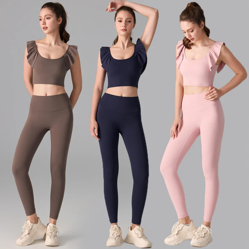 

Two Pieces Fitness Yoga Set Women Solid Color Gym Suit Slim Fit Breathable Outdoor Running Sportswear Female Workout Clothes