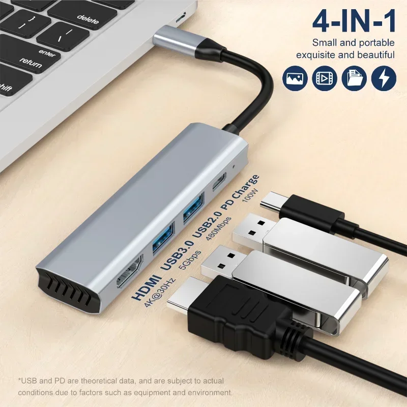 Док-концентратор Type-c + USB3.0 + USB2.0 + Pd Концентратор «четыре в одном» 4k подходит для Macbook USB-док-станции для ноутбука Адаптер